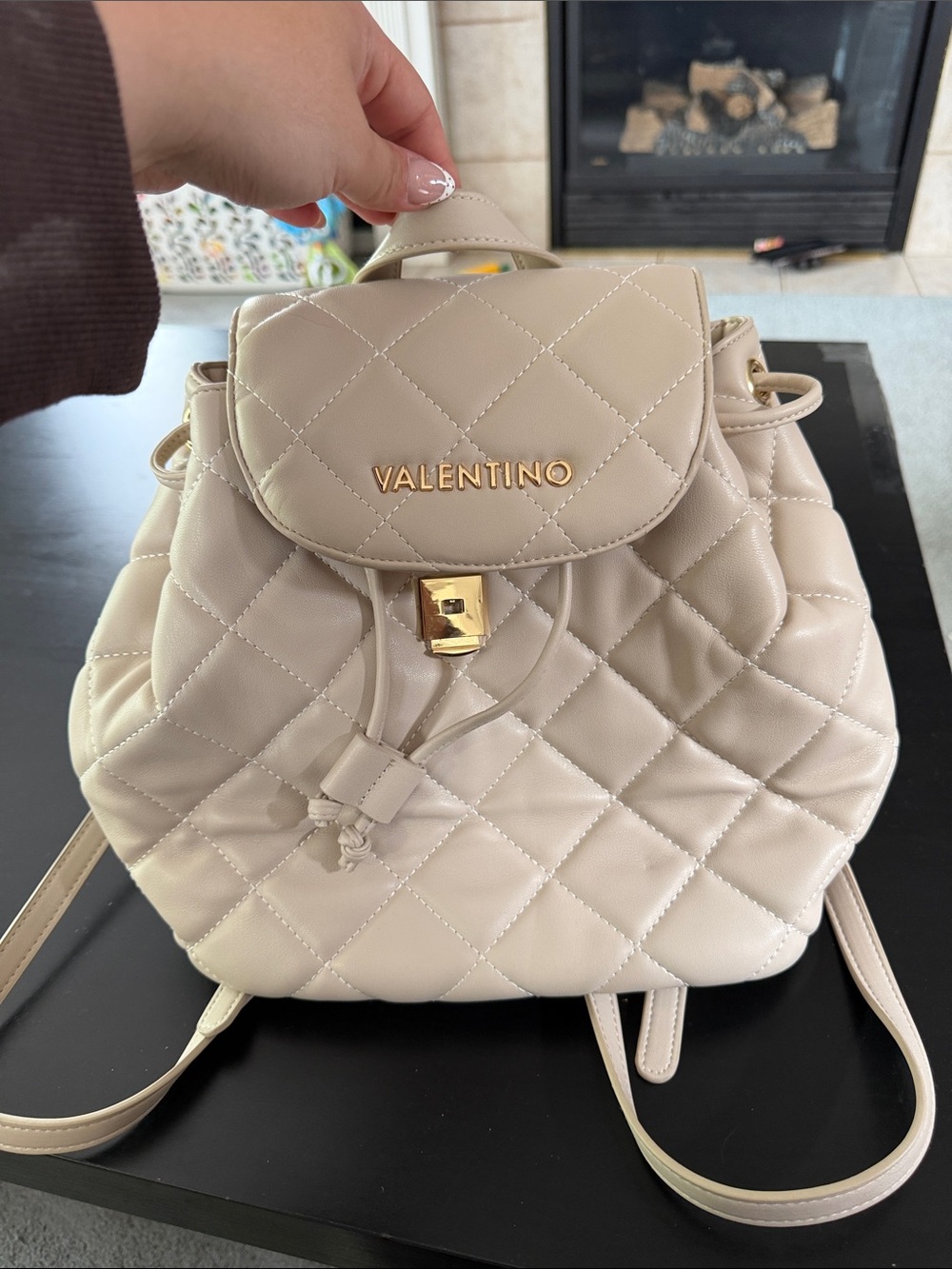 Valentino Quilted Beige Leather Backpack with Gold Hardware